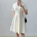 2026 Spring/Summer New Style Simple-Toned Round-neck Single-Button Patchwork Pleated Short-Sleeve Knit Dress 6260030