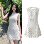 2026 Summer New Style French Style Small Flounce Beaded Diamond Plaid Crochet Backless Short Dress for Shaping and Slimming the Body, Knitted Dress 6260109