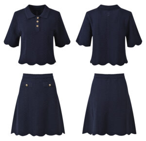 2026 Spring/Summer New Style Green Simple Wave Pattern Polo Neck Short Sleeve Knitted Cardigan + Short Skirt Set 6260046 - Image 4