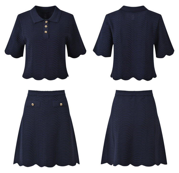 2026 Spring/Summer New Style Green Simple Wave Pattern Polo Neck Short Sleeve Knitted Cardigan + Short Skirt Set 6260046 - Image 4