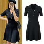 Spring 2024 New Style French-Inspired Black V-Neck A-Line Slimming Waist Decorated Pocket Knit Dress Short Skirt 5240006