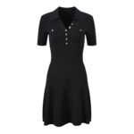Spring 2024 New Style French-Inspired Black V-Neck A-Line Slimming Waist Decorated Pocket Knit Dress Short Skirt 5240006 - Image 2