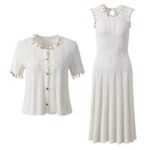 2026 Summer New Style Fashion-Elegant Metal Decorated Knitted Cardigan Top + Blouse Dress Set 6260056