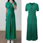 2026 Spring/Summer New Style Elegant Fashion Round-neck Single-Button Openwork Plaid Green Long-Sleeved Knitted Dress 6260047