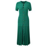 2026 Spring/Summer New Style Elegant Fashion Round-neck Single-Button Openwork Plaid Green Long-Sleeved Knitted Dress 6260047 - Image 2