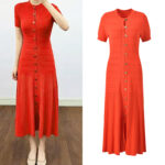 2026 Spring/Summer New Style Elegant Fashion Round-neck Single-Button Openwork Plaid Red Long-Sleeved Knitted Dress HH264045