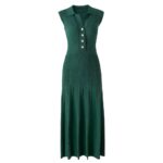 2026 New Women's Fashion Chic Short Collar Dark Green Form-fitting Sleeveless Ribbed Knit Dress 625HH1