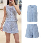 2026 Summer New Style Light Blue Openwork Jacquard Heavy Beaded Short Sleeve Knitted Jacket and Shorts Set 6260105