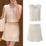 2026 Summer New Style French Style Petite Flared Heavy Knitted Pattern Openwork Beaded Sleeveless Top and Skirt Set 6260104
