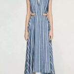 2026 Summer Fresh Navy Blue and White Striped Print Flared Dress with Notched Collar, Belted Waist, and Sleeveless Design 626416