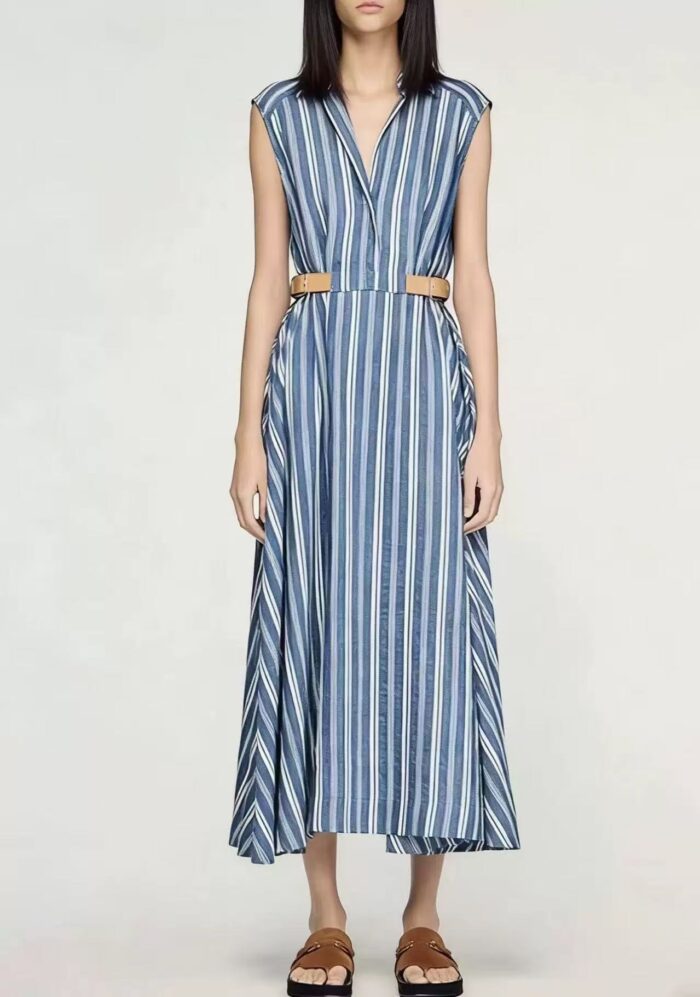 2026 Summer Fresh Navy Blue and White Striped Print Flared Dress with Notched Collar, Belted Waist, and Sleeveless Design 626416 - Image 2