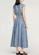2026 Summer Fresh Navy Blue and White Striped Print Flared Dress with Notched Collar, Belted Waist, and Sleeveless Design 626416 - Image 3