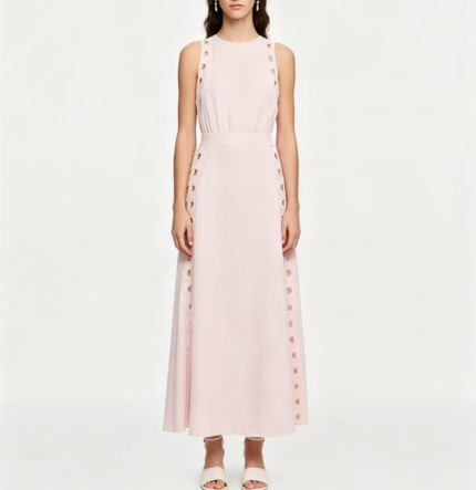 2026 Summer Soft Pink Dark Floral Side Split Semi-Circular Cutout Waist-Exposing Dress 626472