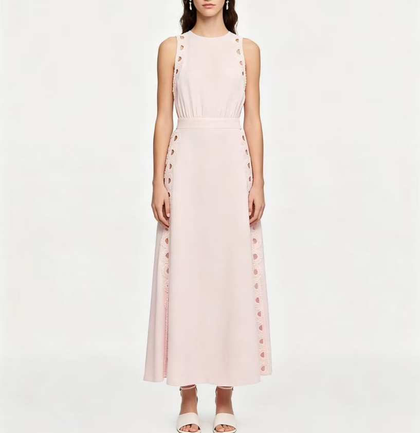 A32 2026 Summer Soft Pink Dark Floral Side Split Semi-Circular Cutout Waist-Exposing Dress 626472 - Image 1
