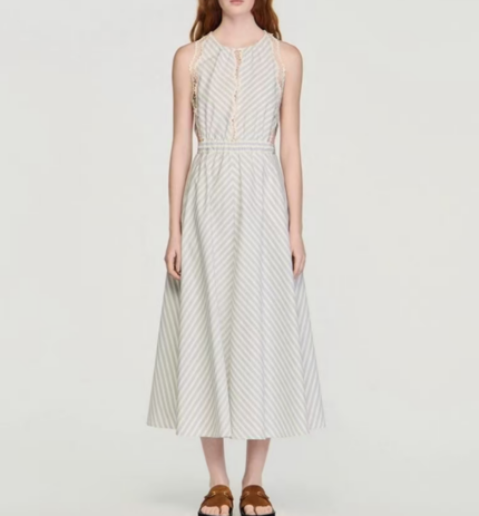 French 2026 summer symmetrical striped backless sleeveless exquisite mesh edge round neck dress 626493