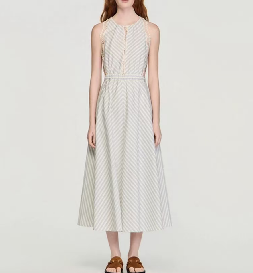 A33 French 2026 summer symmetrical striped backless sleeveless exquisite mesh edge round neck dress 626493 - Image 1