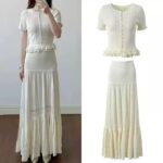 2026 Spring/Summer New Collection Imitation Pearl-Decorated Button Slim-Fitting White Round-Neck Short Knit Top and Skirt Set 6260058