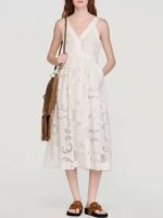 2026 Summer V-Neck Lace-Up Embroidered Backless Diagonal Pocket Halter Dress 626531