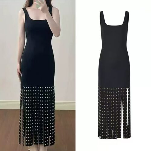2026 Spring/Summer New Design Fringed Hem, Rhinestone Embellished, Stylish and Slimming Black Sleeveless Dress 6260032