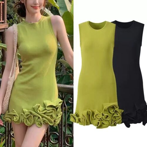 2026 summer new French minimalist black three-dimensional flower pleated sleeveless slim fit short knitted dress 6260112