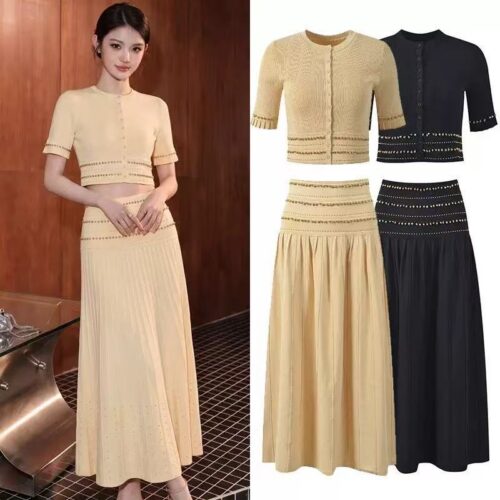 2026 autumn new fashionable temperament nail bead inlaid knitted cardigan+high waist mid length skirt set 6260286