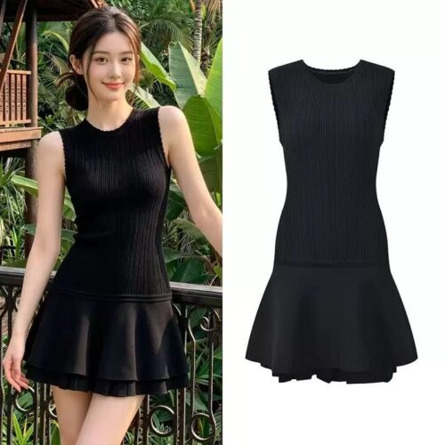 2026 Summer New French Chic Fashion Waist-Cinching Ruffled Round Neck Sleeveless Knit Vest Dress 6260203