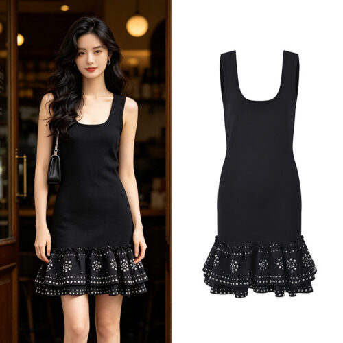 2026 Autumn New French Fragrant Elegant Square Neck Sleeveless Ruffle Riveted Knitted Tank Top Dress