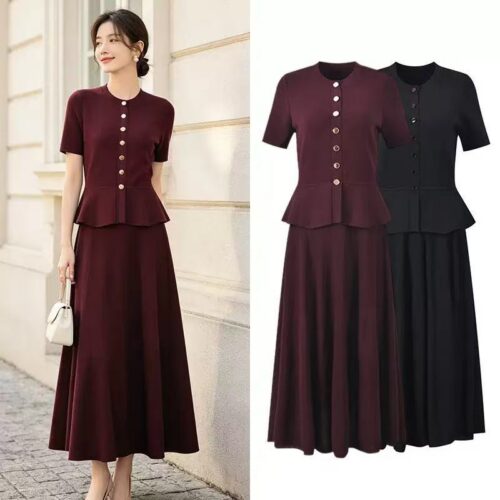 2026 autumn new French style small fragrant lotus leaf edge fake two-piece short sleeved waist cinching slim knit dress 6260295