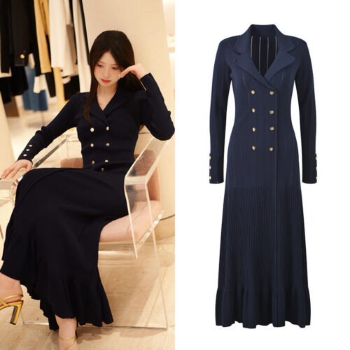 Dark Blue Knitting Long Dress Women Notched 2025 New Fashion Double Breasted Long Sleeve Slim Fishtail Robe 5250001