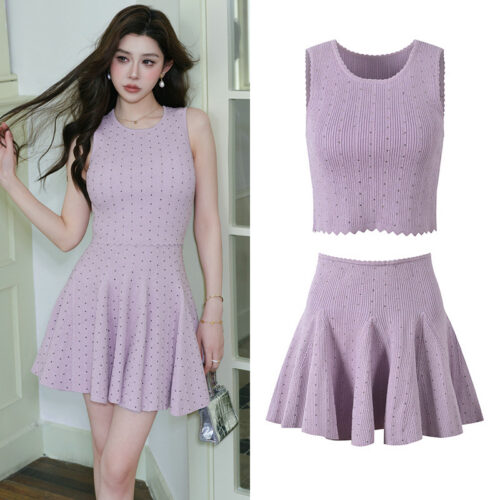 2026 Spring/Summer New Style Beaded Purple Soft Style Fashionally Cool Short Knitted V-Neck Top + A-Line Skirt Set 6260004