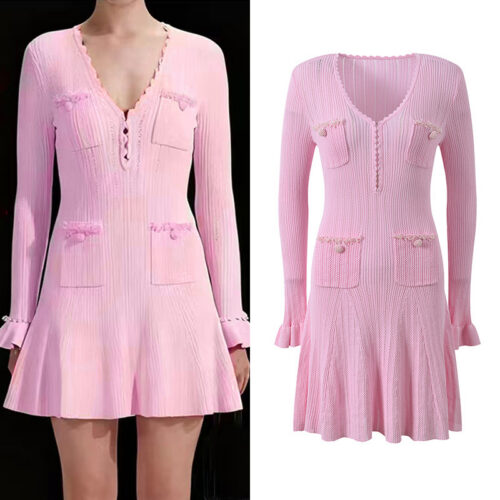 2025 Fall New Collection: V-neck design elegant fashionable and slim long-sleeved dress pink 5250398