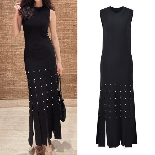 Black Knitting Dress 2024 Women's Sleeveless Slim Elegant Pearl hollowed out hem Dresses 5240079