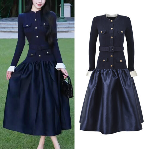 2025 Fall Season Elegant Color-Contrasted Lined Large-Skirt Bell-Sleeve Knit Slim-Waist Long-Sleeve Dress 5250401