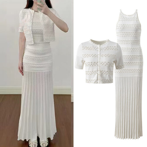 2025 Autumn-Winter New Model: Embellished Pearl, Elegant, Round Neck, Short Sleeve, Open Cardigan, Slim Fit, Slender Backless Dress Set