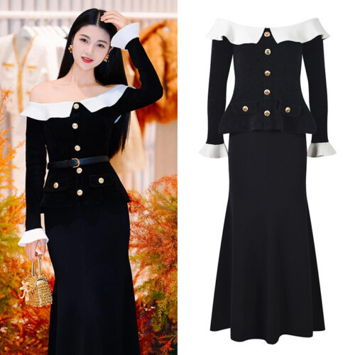 2025 Fall-Winter New Model: French Elegance, Color-Blocking, Sexy One-Shoulder Neckline, Lace Hem, Slim Fit, Long Dress 5240335