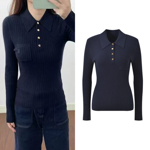 2025 Fall New Fashion French Niche Design Deep Blue Ribbed Knot Floral Reversible Collar Slim Fit Knit Hoodie  5250326