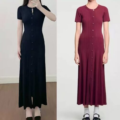 Dark blue Hollow Knitted Dress Women 2025 Autumn Short Sleeve Elegant Slim Party Dress 5250281