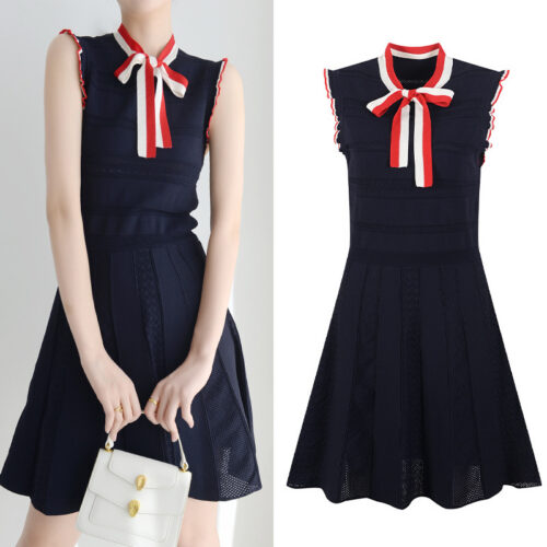 2025 Summer New Sleeveless Bow Thin Belt Contrast Knitted Skirt Women's Fashionable Waist Tight Fit Dress