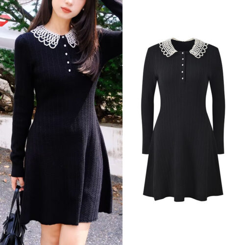 2025 Autumn New Pearl Decorative Doll Collar Twisted Flower Sweet Age Reducing Slimming and slimming A-line Dress