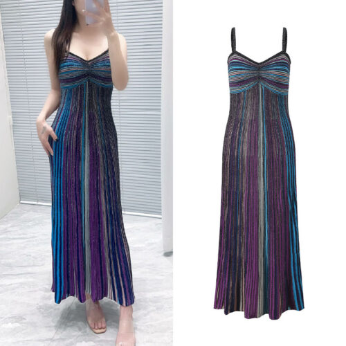 2025 Summer New Design Colorful Striped Folded Long Skirt with Stylish Style, Slimming and Skinny Strap Dress