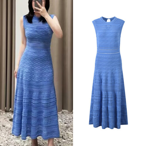 2026 Spring/Summer New Design: Lace-Embellished Diamond Patterned Wave Design, Openwork, Blue, Round Neck, Sleeveless Dress for Women 5250539
