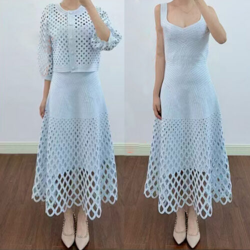 2026 Spring/Summer New Collection: Heavy-duty rhinestone-embellished, lattice-patterned, round-necked, lantern-sleeved, knitted cardigan with detachable straps, long dress set 5250534