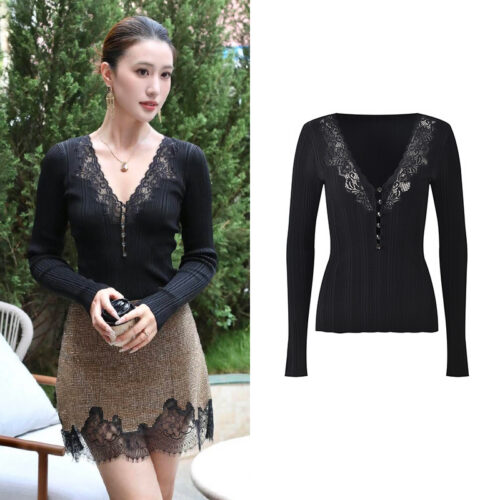2025 Autumn New Gentle Aging Lace Splicing V-neck Hollow out Slim Fit Knitted Top 52250299