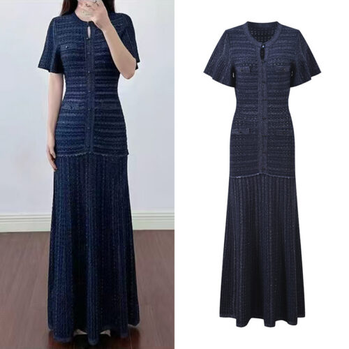 2026 Spring and Summer New Collection: Elegant, Stylish, Slimming, Sleek, Navy Blue, Round Neck, Short Sleeve, Luminous Silk Knit Dress for Women 5250540
