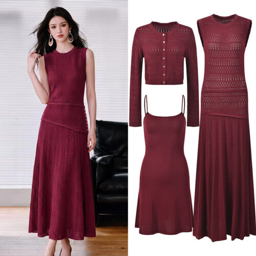 2026 autumn new French style small fragrance wine red short knitted cardigan+round neck sleeveless long skirt+camisole skirt 6260296