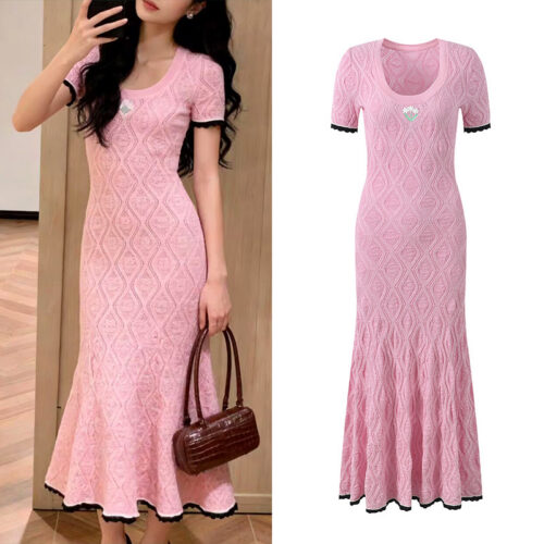 2026 Summer New Collection: French Chic Style, Flowing Silhouette, Slim-Fit, Contrast Colors, Lace-Embellished, Short-Sleeve, Mid-Length Dress