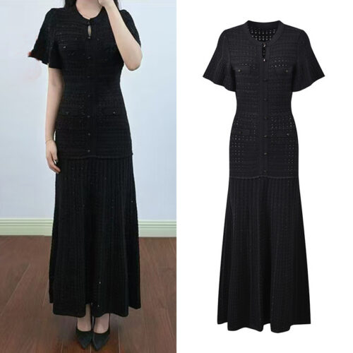 2026 Spring and Summer New Collection: Black Lace-Embellished Knotted Design, Single-Button Style, Elegant and Stylish, Slim Fit, Round Neck, Long Dress 6260129