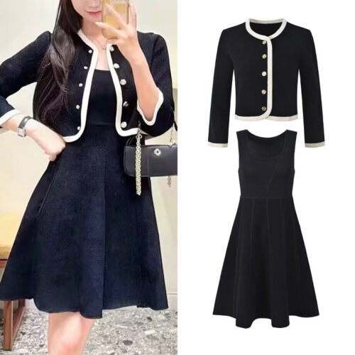 2025 autumn new French temperament black and white contrast round neck single-breasted knitted cardigan + vest skirt set