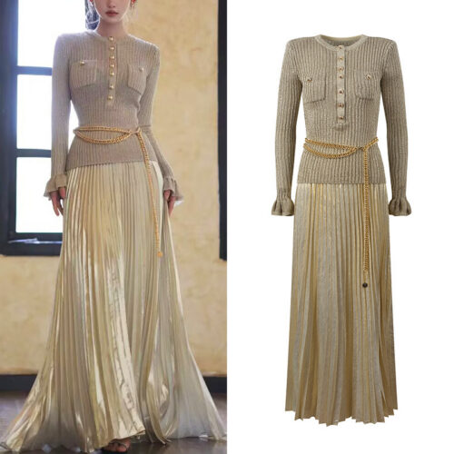 2025 Autumn-Winter New Model: Elegant, Stylish, Sleek, Slim-Fit, Round Neck, Faux Two-Piece, Includes Waist Chain, Knit Dress 5250335