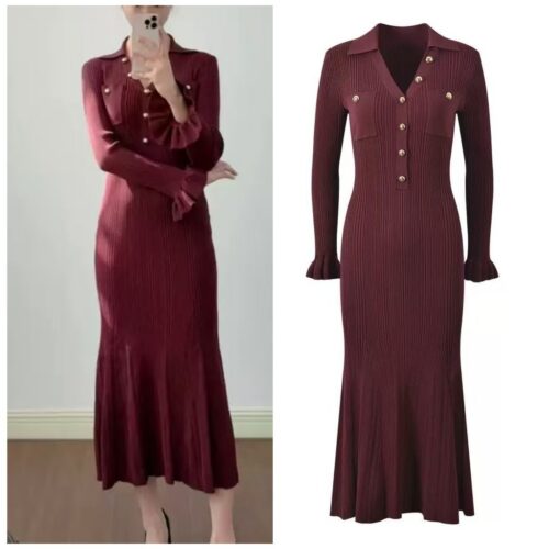 2025 Fall New Fashion French Metal Button Elegant Stylish V-Neck Slim Fit Goddess-Inspired Long A-Line Fish Tail Dress 5250366